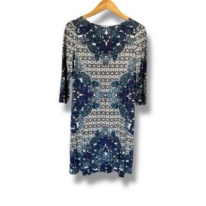 London Times Size 6 Blue Teal Paisley Print Shift Dress 3/4 Sleeve Stretch